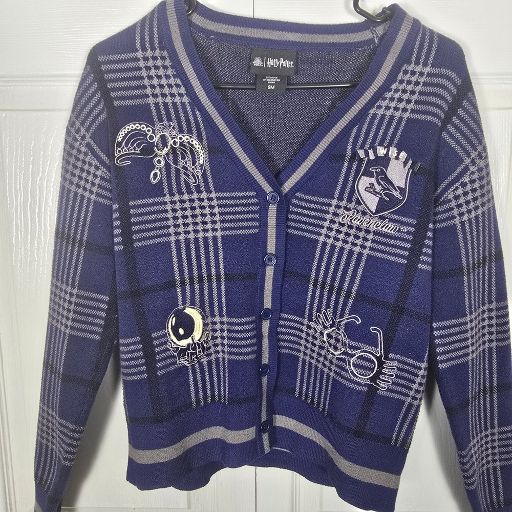 Harry Potter Ravenclaw Cardigan Sweater Blue Plaid Embroidered V-Neck Small